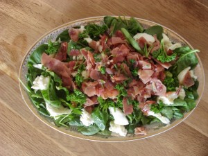 Salat aus frischem Bio-Spinat mit knusprigem Schinken, Mozzarella und Olivenöl
